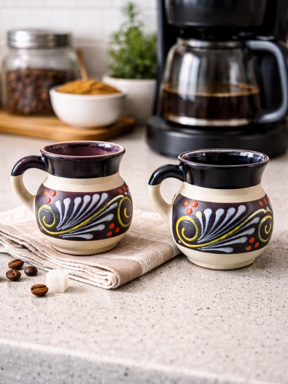 Mexican Folk Art Pottery Terracotta Handmade Mug MADE IN MEXICO 4” set of 2